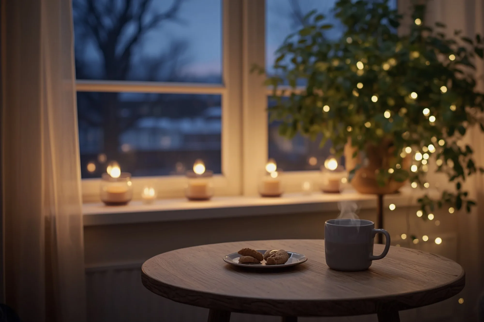 Ein runder Holztisch am Fenster im blauen Licht eines Wintermorgens, darauf eine dampfende Tasse und ein Teller mit Plätzchen, auf der Fensterbank brennen kleine Kerzen, daneben eine Pflanze mit Lichterkette - Heiko Metz