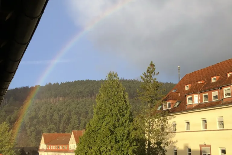 Regenbogen über einem bewaldeten Hügel nach dem Regen - Heiko Metz
