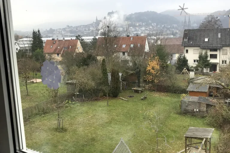 Blick aus dem Fenster in einen Garten im Herbst - Heiko Metz