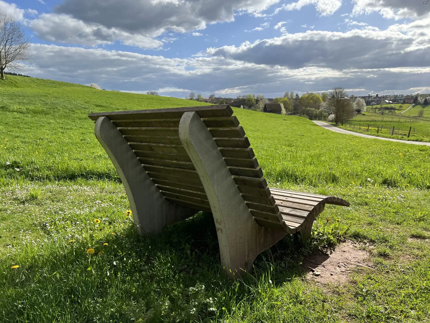 Zwei geschwungene Holzbänke auf einer grünen Wiese unter Wolkenhimmel - Heiko Metz